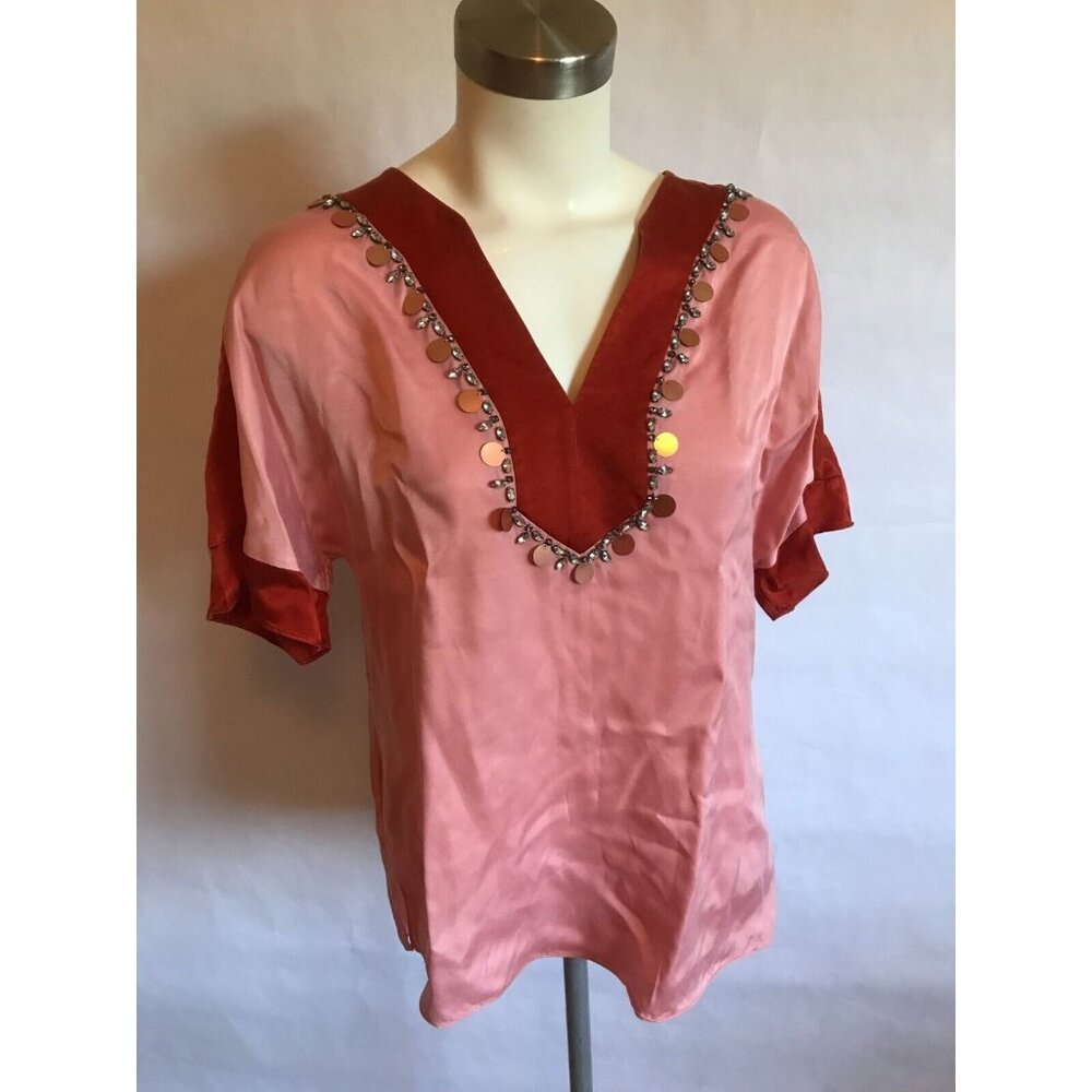 Tory Burch V-Neck Pink Short Sleeve Top W/ Jewel Neckline, Size 0